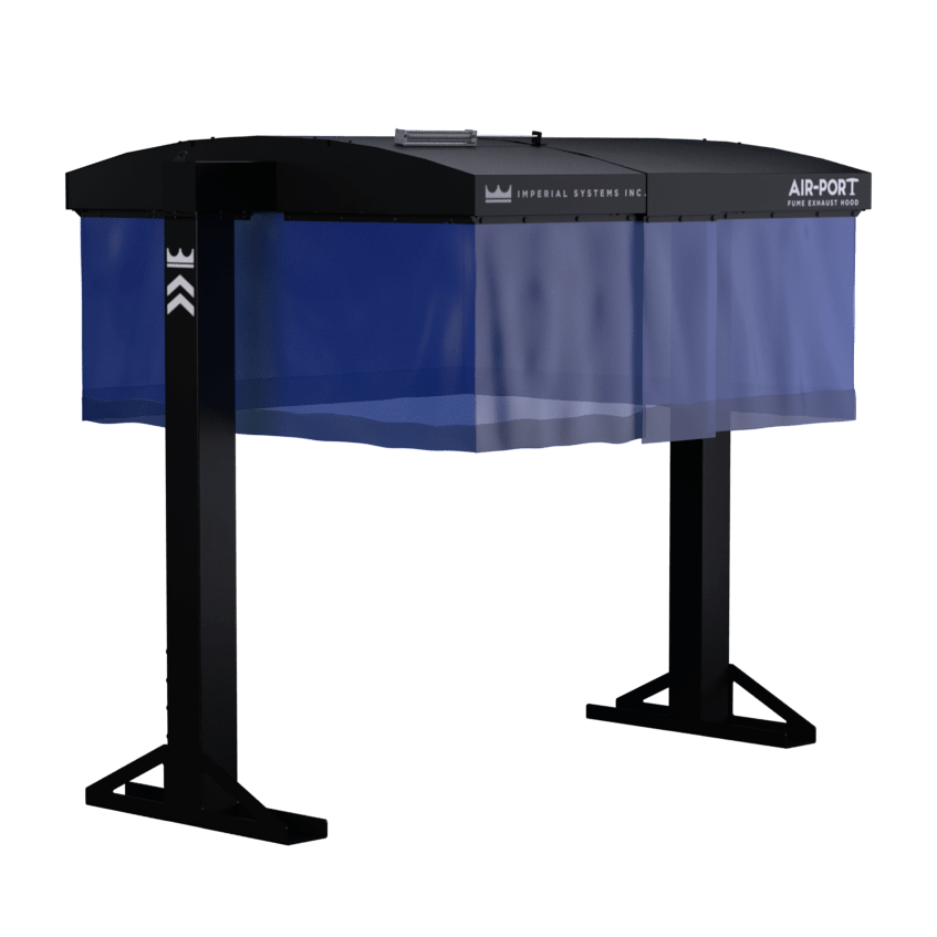 Air-Port fume exhaust hood shown with 2' long curtains