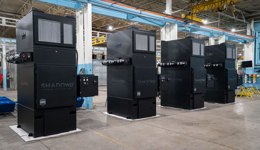 Four Shadow Compact Fume Extractors ready to ship to a robotic weld fume application